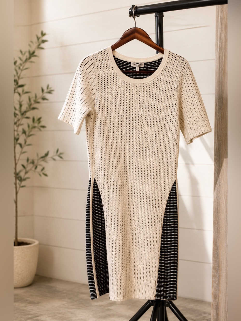 Opening Ceremony Cream Knit Midi Dress with Black Panels
